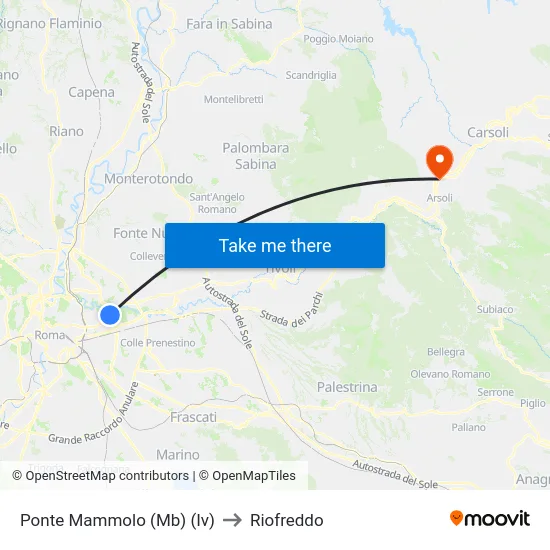 Ponte Mammolo (Mb) (Iv) to Riofreddo map