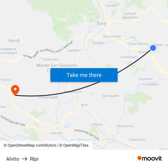 Alvito to Ripi map