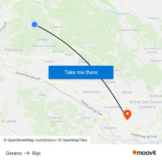 Gerano to Ripi map