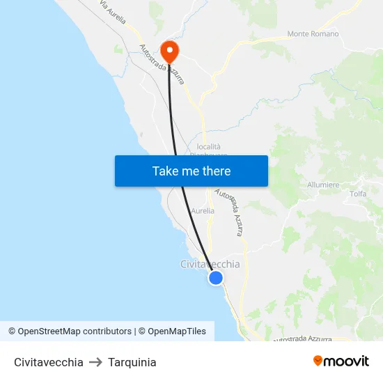 Civitavecchia to Tarquinia map