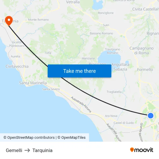 Gemelli to Tarquinia map