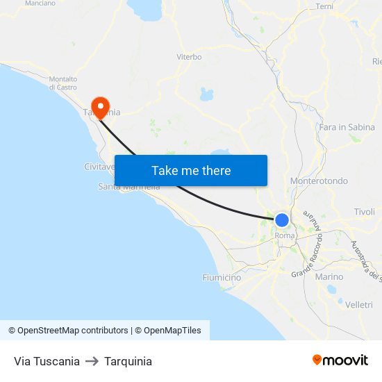 Via Tuscania to Tarquinia map