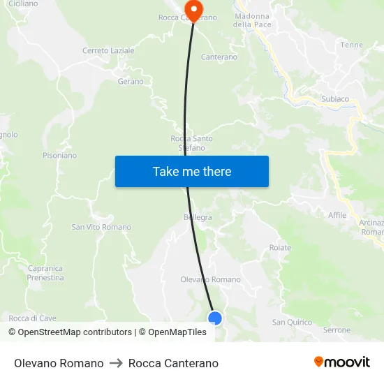Olevano Romano to Rocca Canterano map