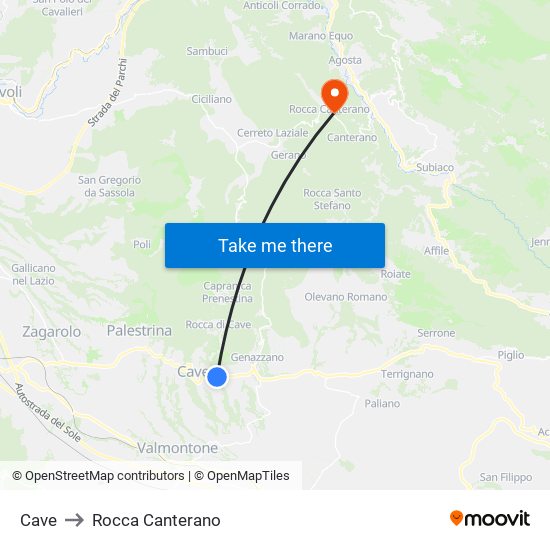 Cave to Rocca Canterano map