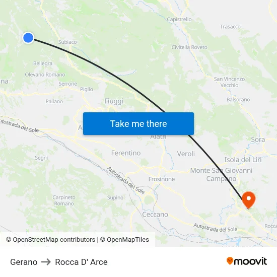 Gerano to Rocca D' Arce map