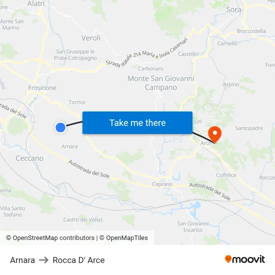 Arnara to Rocca D' Arce map