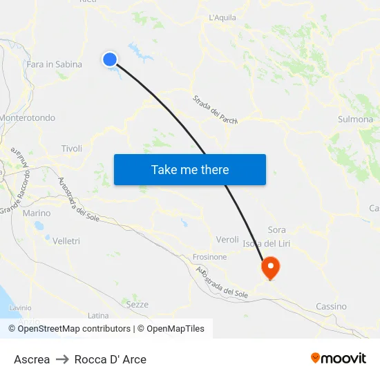 Ascrea to Rocca D' Arce map
