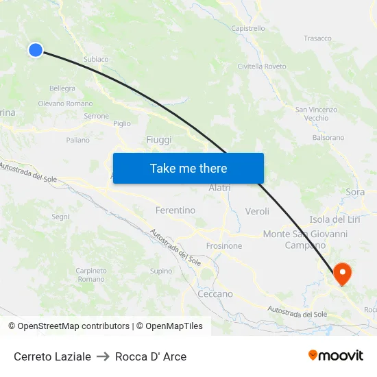 Cerreto Laziale to Rocca D' Arce map