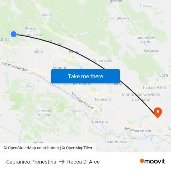 Capranica Prenestina to Rocca D' Arce map