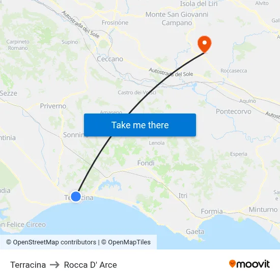 Terracina to Rocca D' Arce map