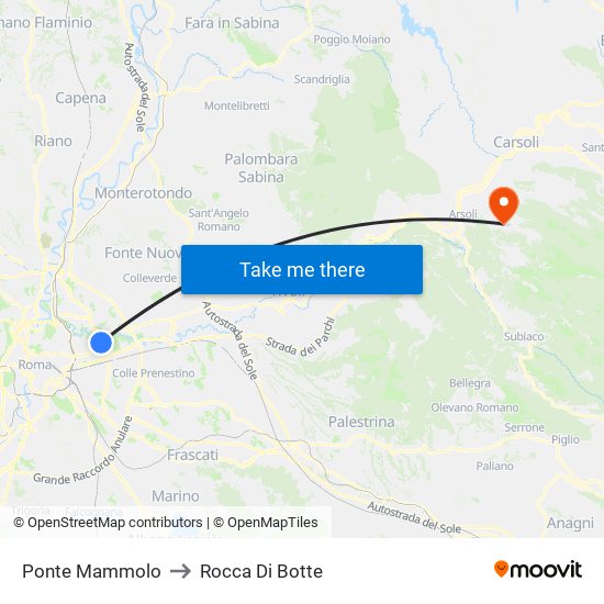 Ponte Mammolo to Rocca Di Botte map