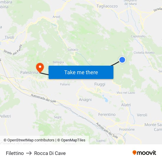 Filettino to Rocca Di Cave map