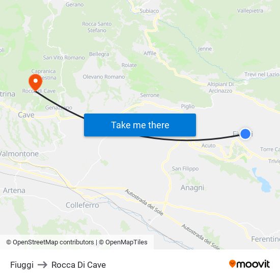Fiuggi to Rocca Di Cave map