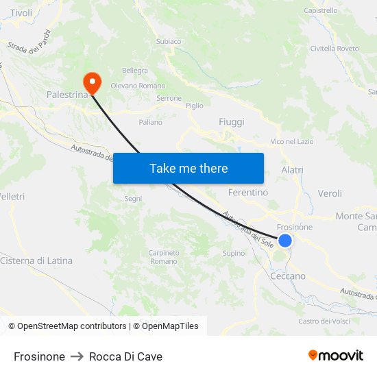 Frosinone to Rocca Di Cave map