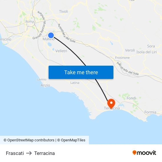 Frascati to Terracina map