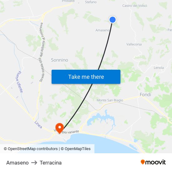 Amaseno to Terracina map