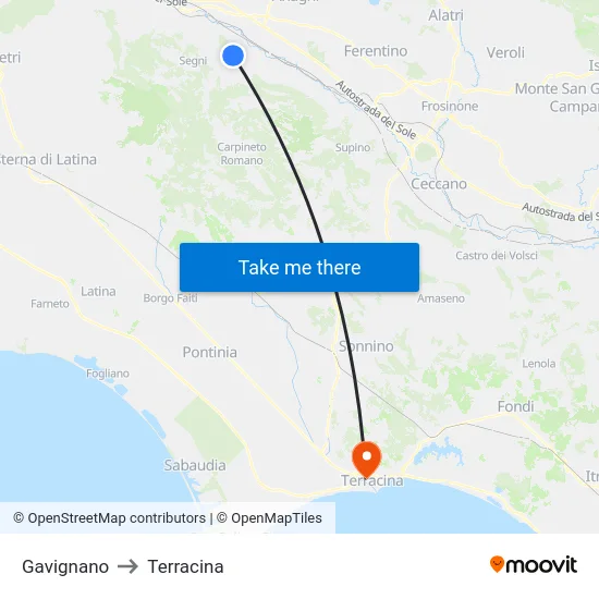 Gavignano to Terracina map