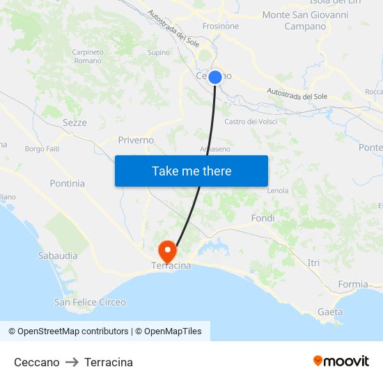 Ceccano to Terracina map