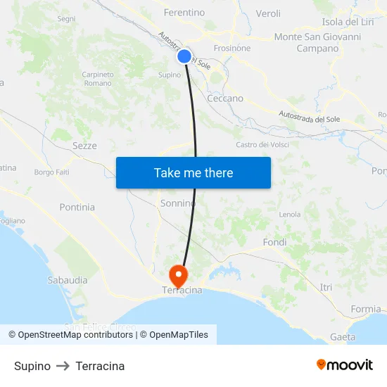 Supino to Terracina map
