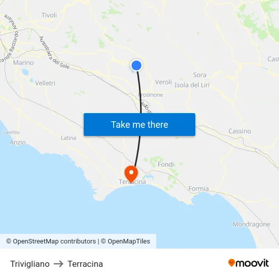 Trivigliano to Terracina map
