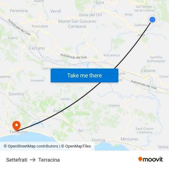 Settefrati to Terracina map