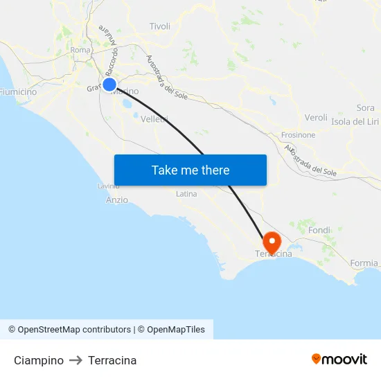 Ciampino to Terracina map