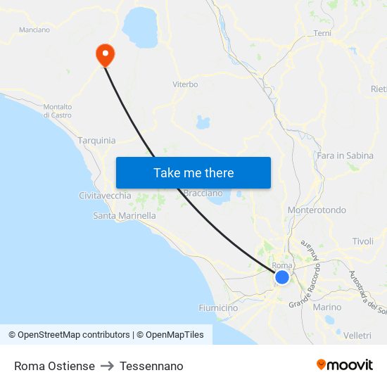 Roma Ostiense to Tessennano map