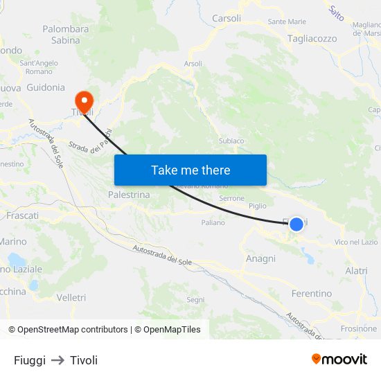 Fiuggi to Tivoli map