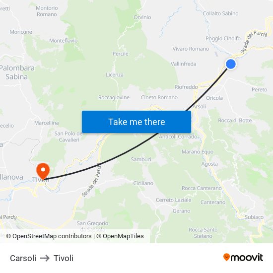 Carsoli to Tivoli map
