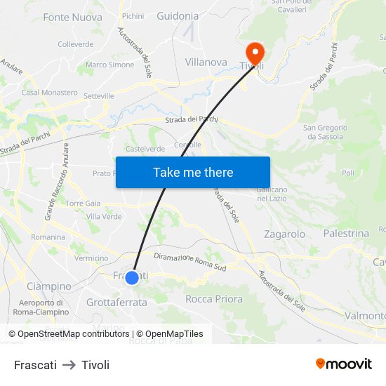 Frascati to Tivoli map