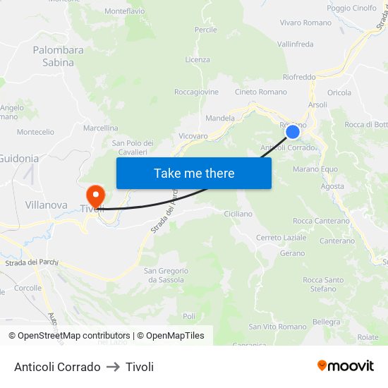 Anticoli Corrado to Tivoli map