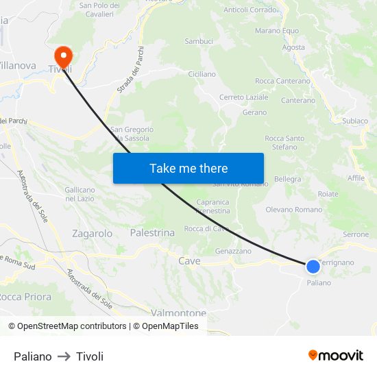 Paliano to Tivoli map