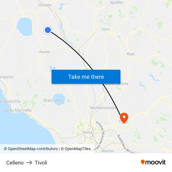 Celleno to Tivoli map
