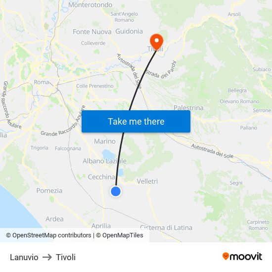 Lanuvio to Tivoli map