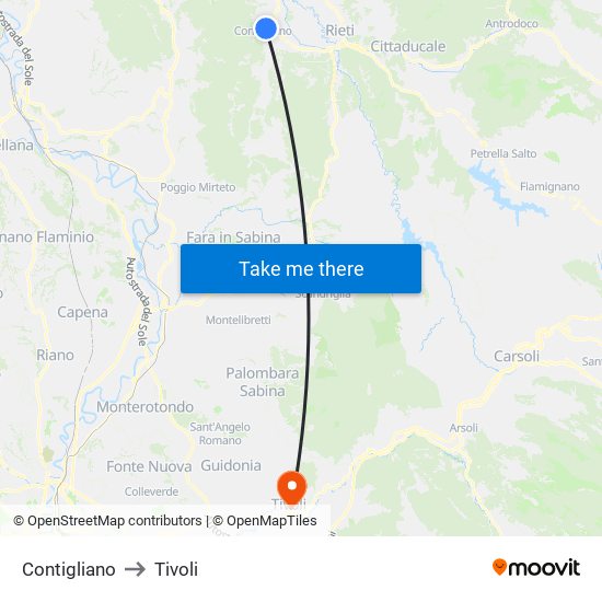 Contigliano to Tivoli map