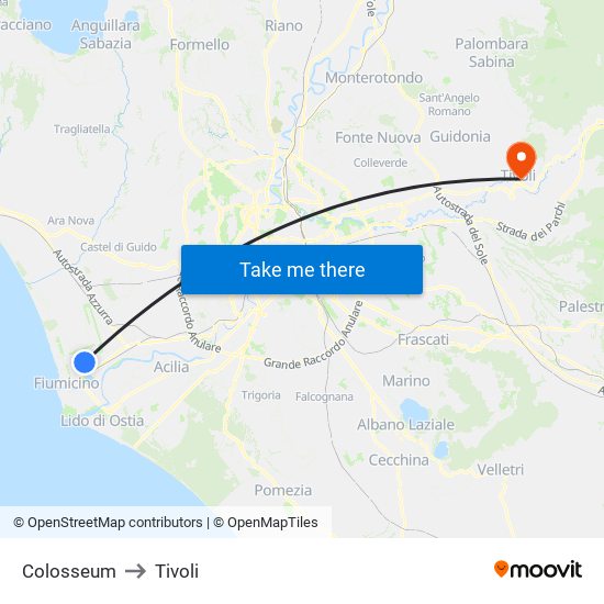 Colosseum to Tivoli map