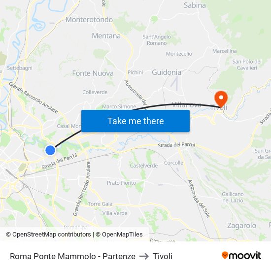 Roma Ponte Mammolo - Partenze to Tivoli map