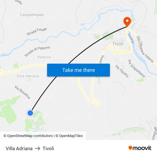 Villa Adriana to Tivoli map