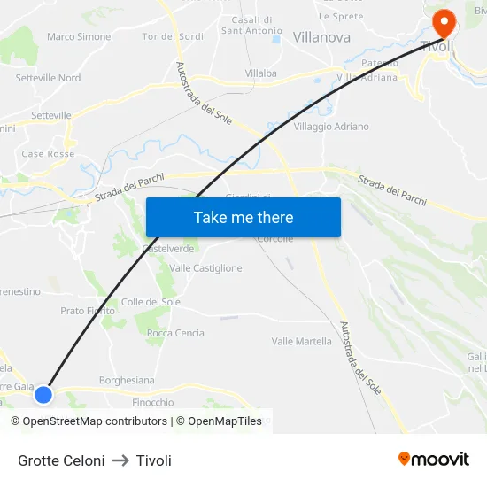 Grotte Celoni to Tivoli map