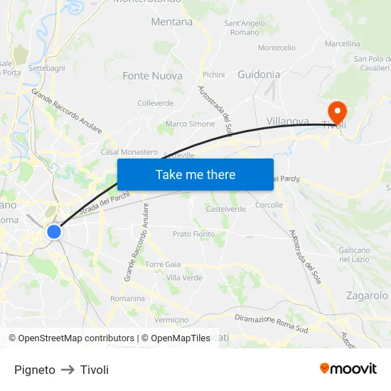 Pigneto to Tivoli map