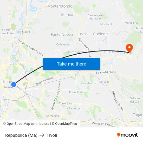 Repubblica (Metro A) to Tivoli map