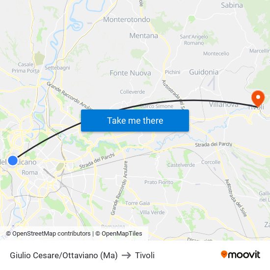 Giulio Cesare/Ottaviano (Ma) to Tivoli map