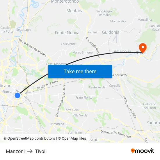 Manzoni to Tivoli map