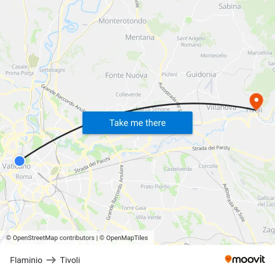 Flaminio to Tivoli map