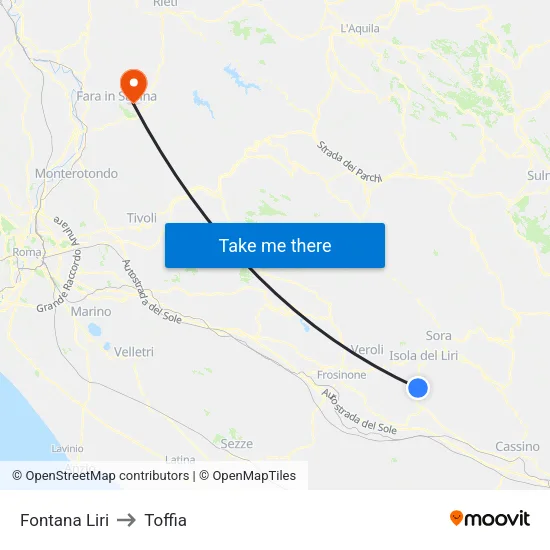 Fontana Liri to Toffia map