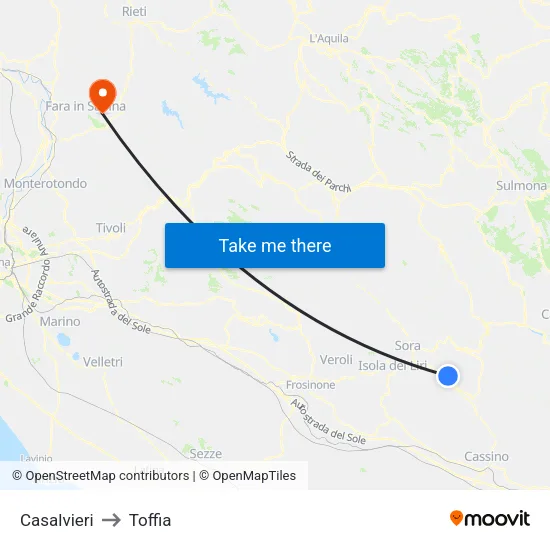 Casalvieri to Toffia map