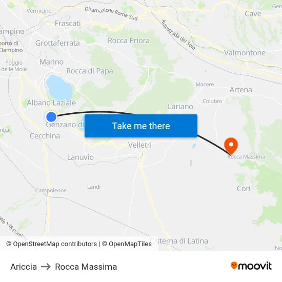 Ariccia to Rocca Massima map