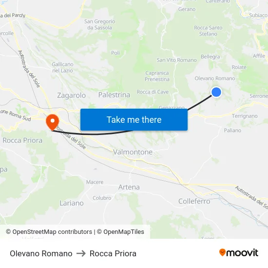 Olevano Romano to Rocca Priora map