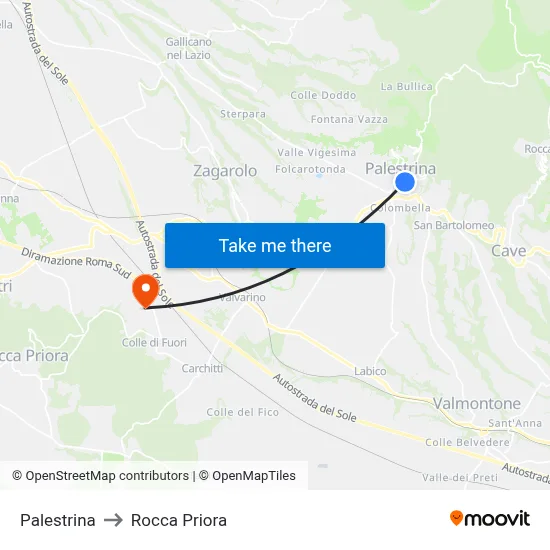 Palestrina to Rocca Priora map