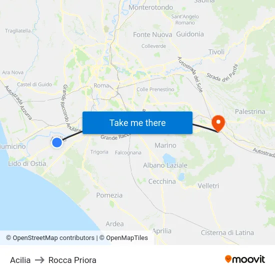 Acilia to Rocca Priora map